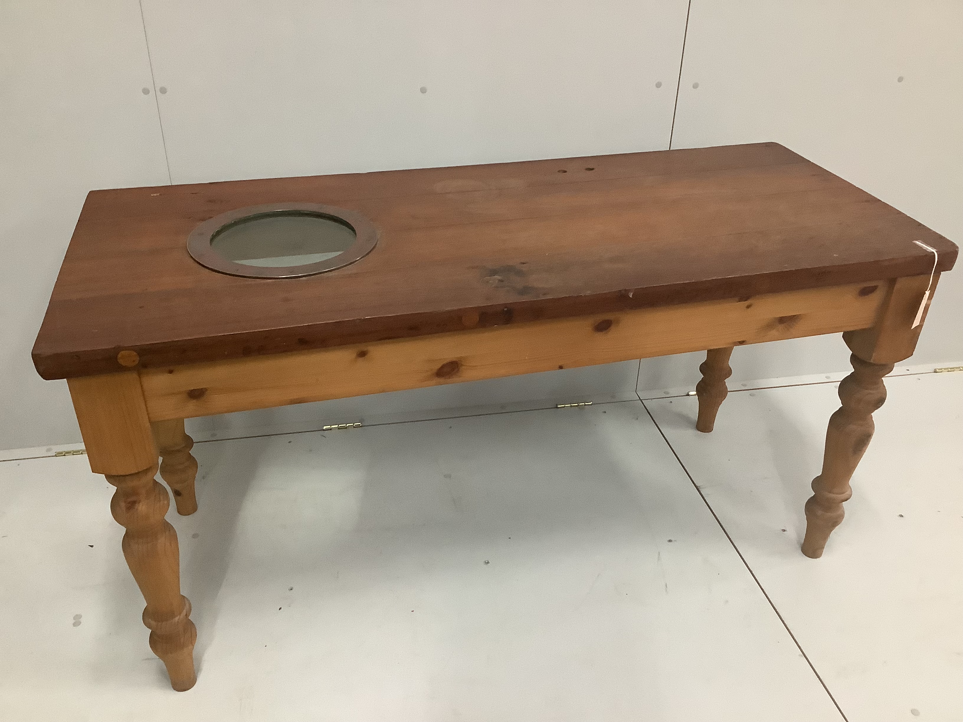 A 19th century teak ship's door, now as a kitchen table, width 155cm, depth 65cm, height 79cm taken from the clipper ship Coonatto which sank off Birling Gap February 1876. (Sold with relating paperwork)